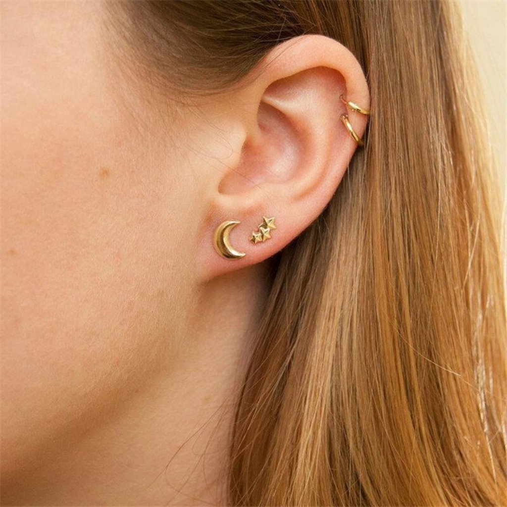 Moon Star Studs Double Hoop Earrings Set 9$